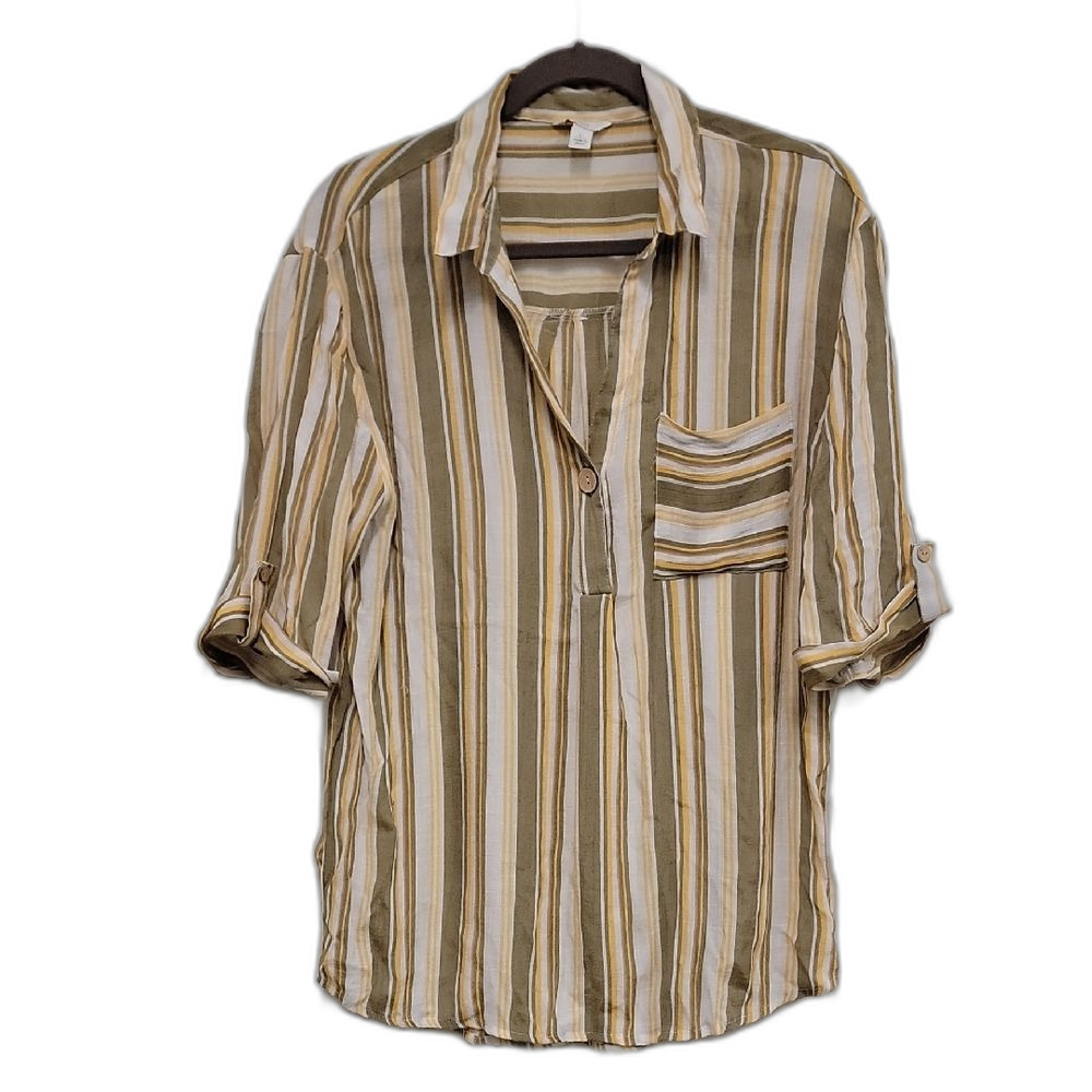 Striped Button-Down Shirt in Olive and Cream